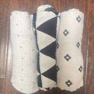 Set of Three Black and White Cotton Muslin Blanket Swaddles